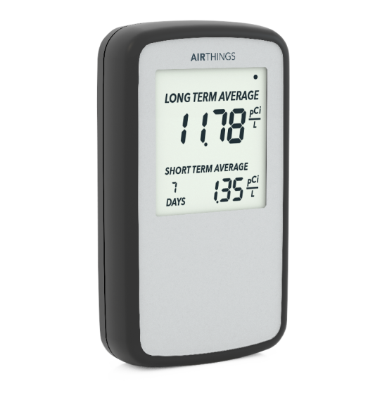 Airthings Corentium Home radon detector showing long and short term averages