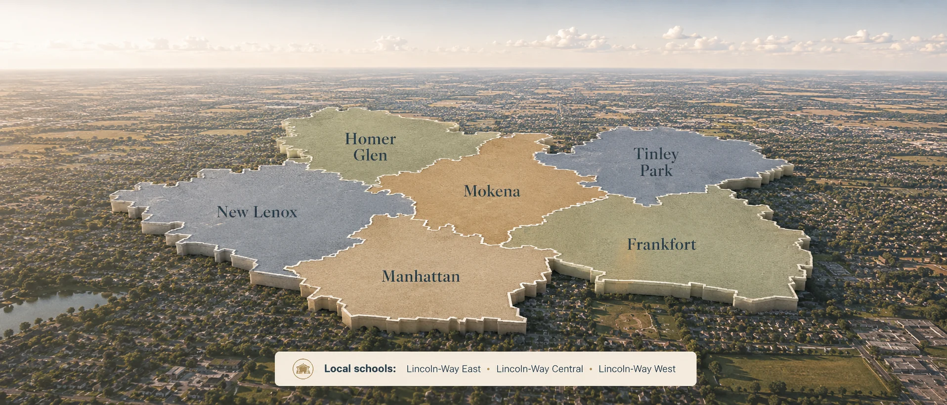 Lincoln-Way Area service map showing New Lenox, Frankfort, Mokena, Manhattan, Homer Glen, and Tinley Park.