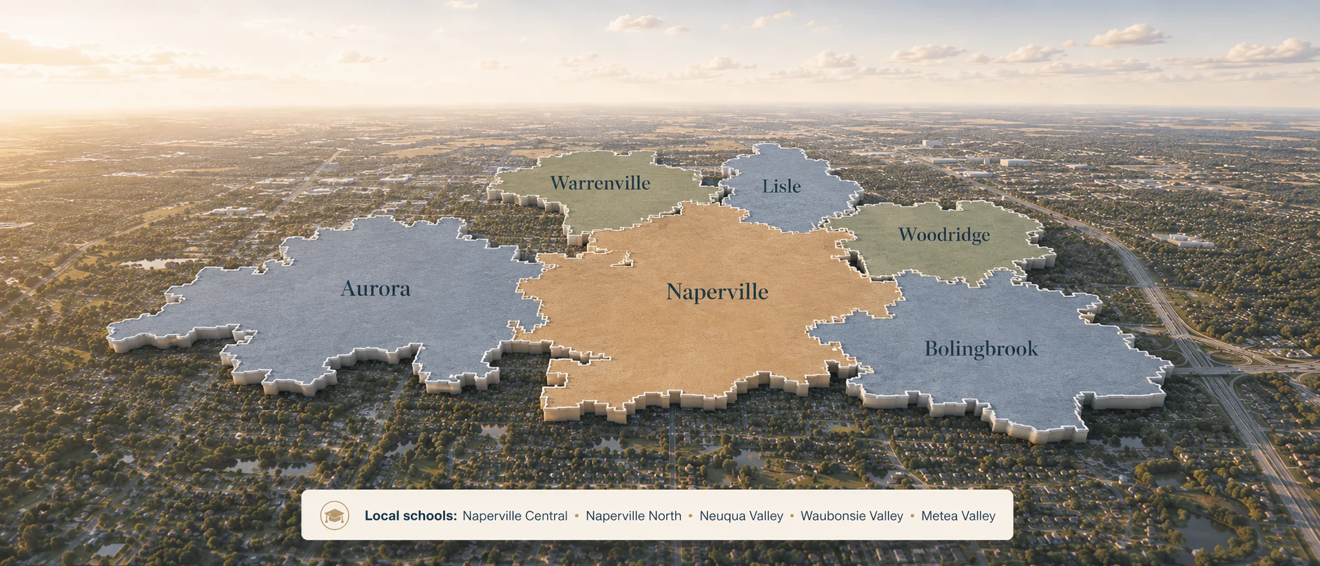 Naperville and Aurora area service map showing Naperville, Aurora, Bolingbrook, Lisle, Warrenville, and Woodridge.