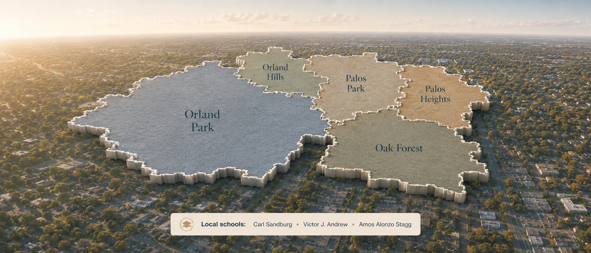 Orland and Palos area service map showing Orland Park, Orland Hills, Palos Park, Palos Heights, and Oak Forest.