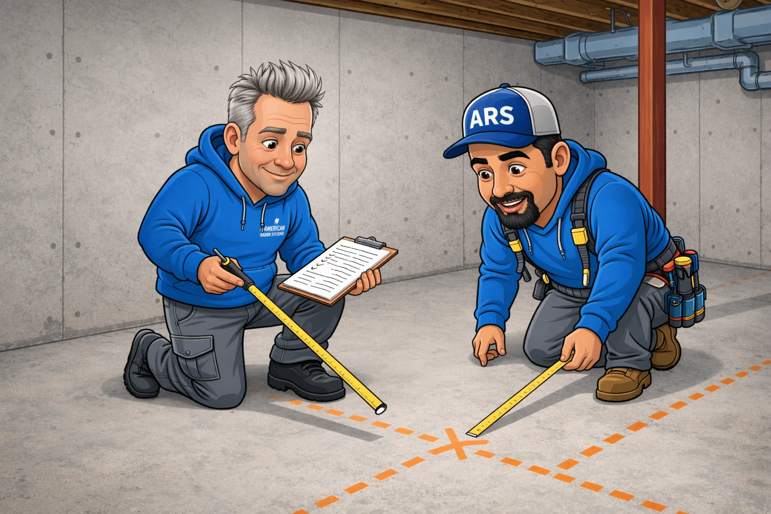 ARS team members measuring and planning pipe routing in a basement before installation begins.