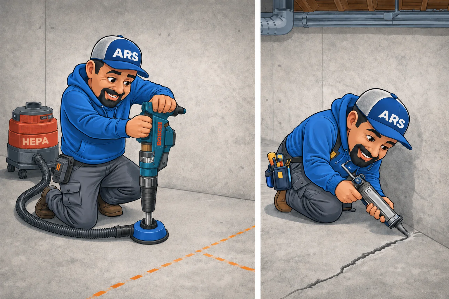 Jose drilling through a basement slab with a dust-capture shroud and HEPA vacuum, then sealing a floor crack with caulk.