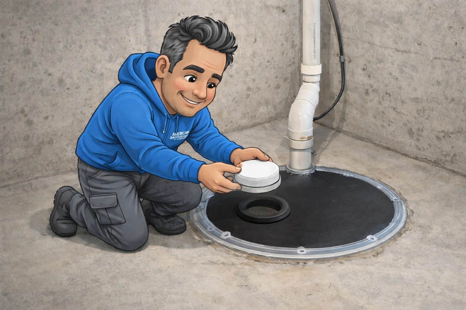 An ARS team member installing a custom airtight sump lid with a removable access port.