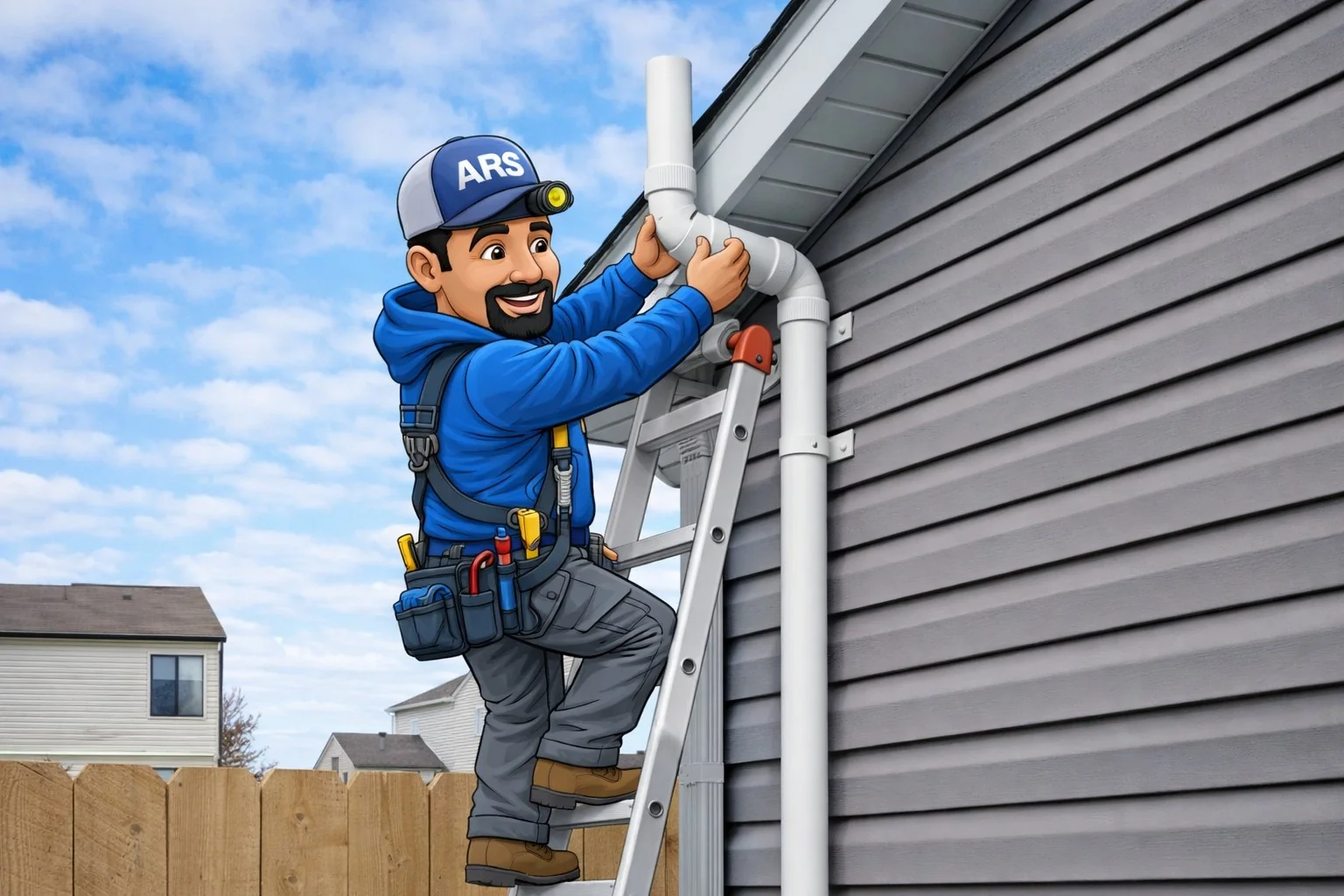 An ARS installer routing PVC vent piping cleanly along the exterior of a home.