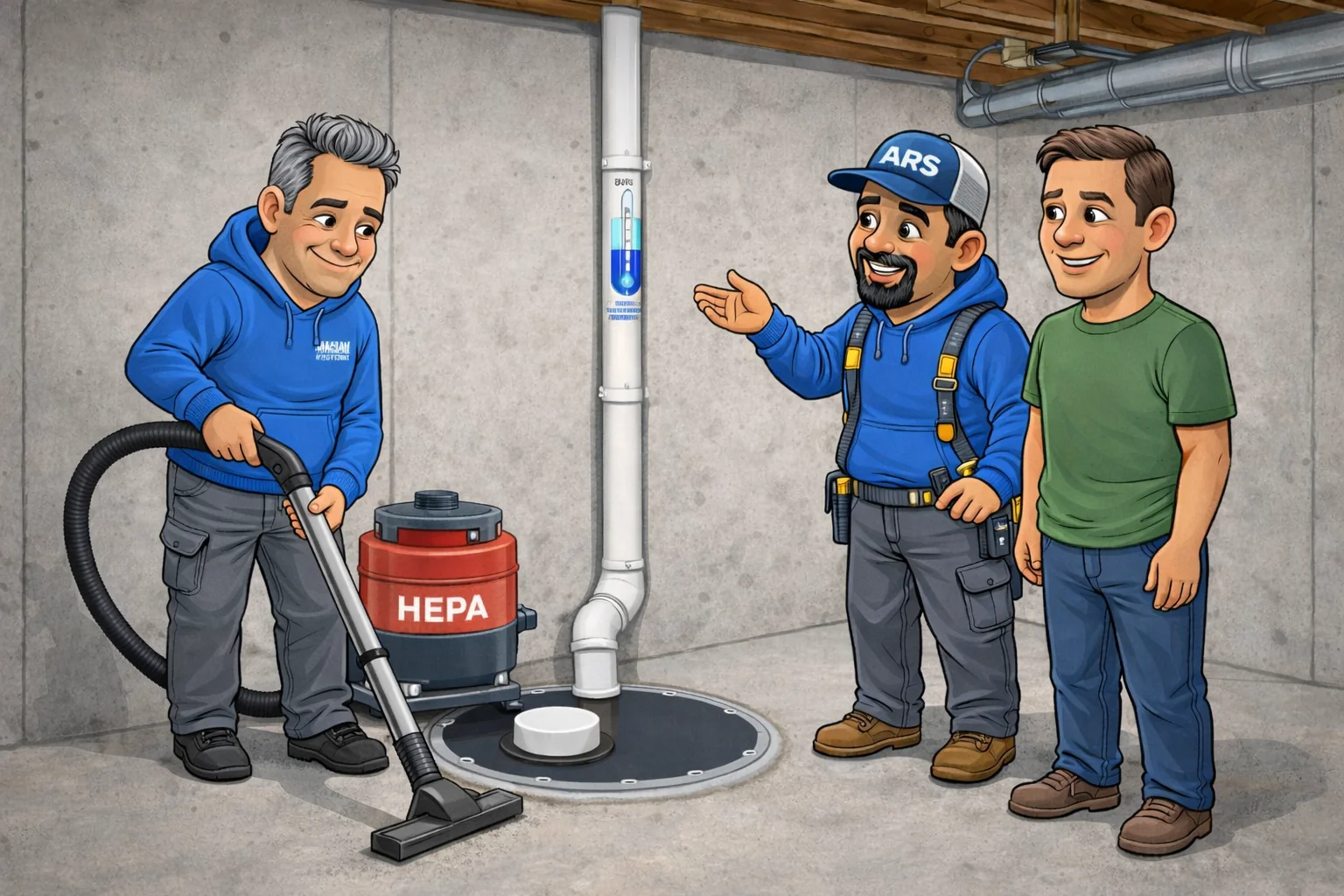 An ARS technician finishing cleanup while another team member walks a homeowner through the completed system.