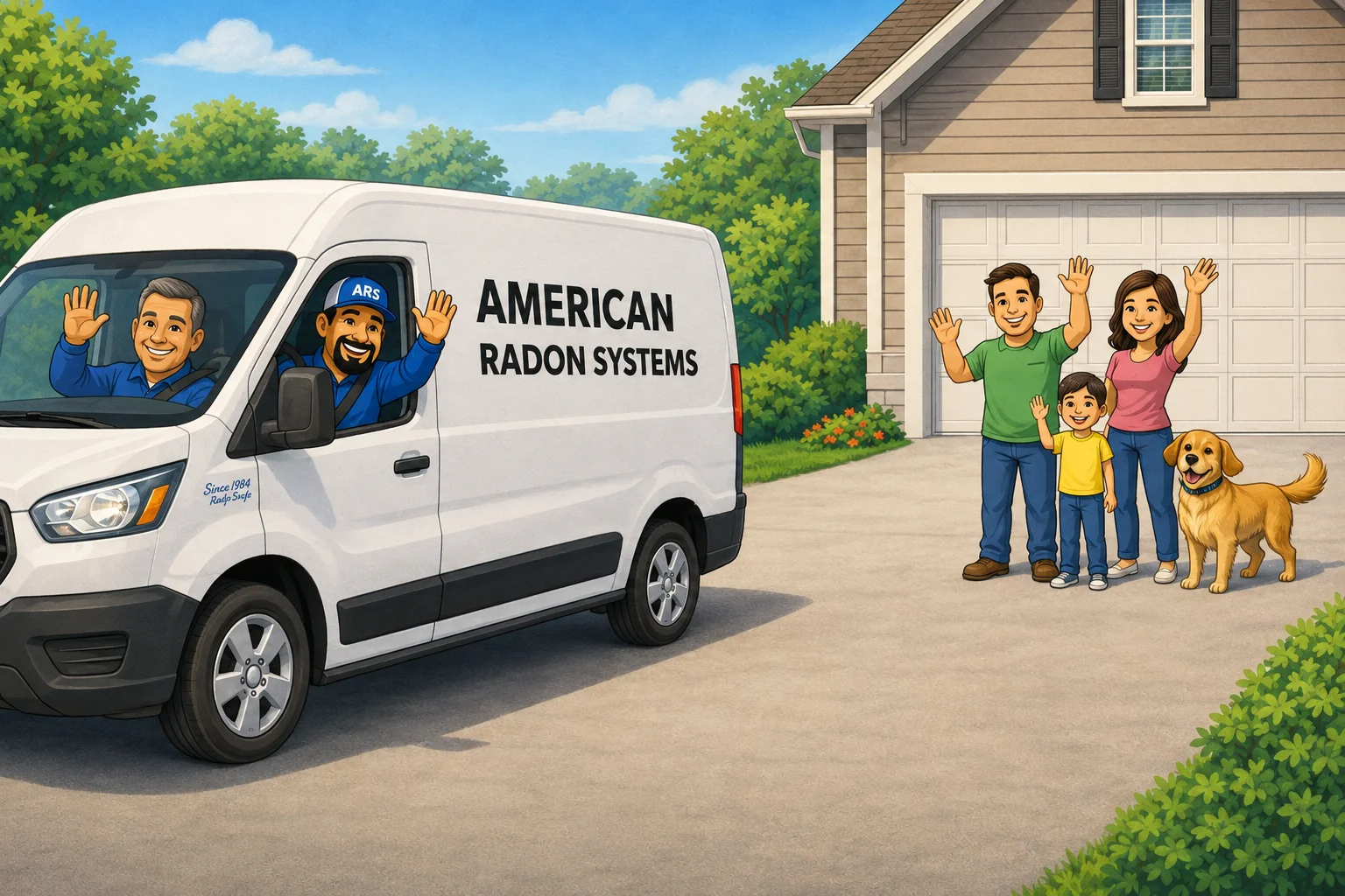 Bill and Jose leaving after a radon mitigation install while the homeowner family waves from the driveway.