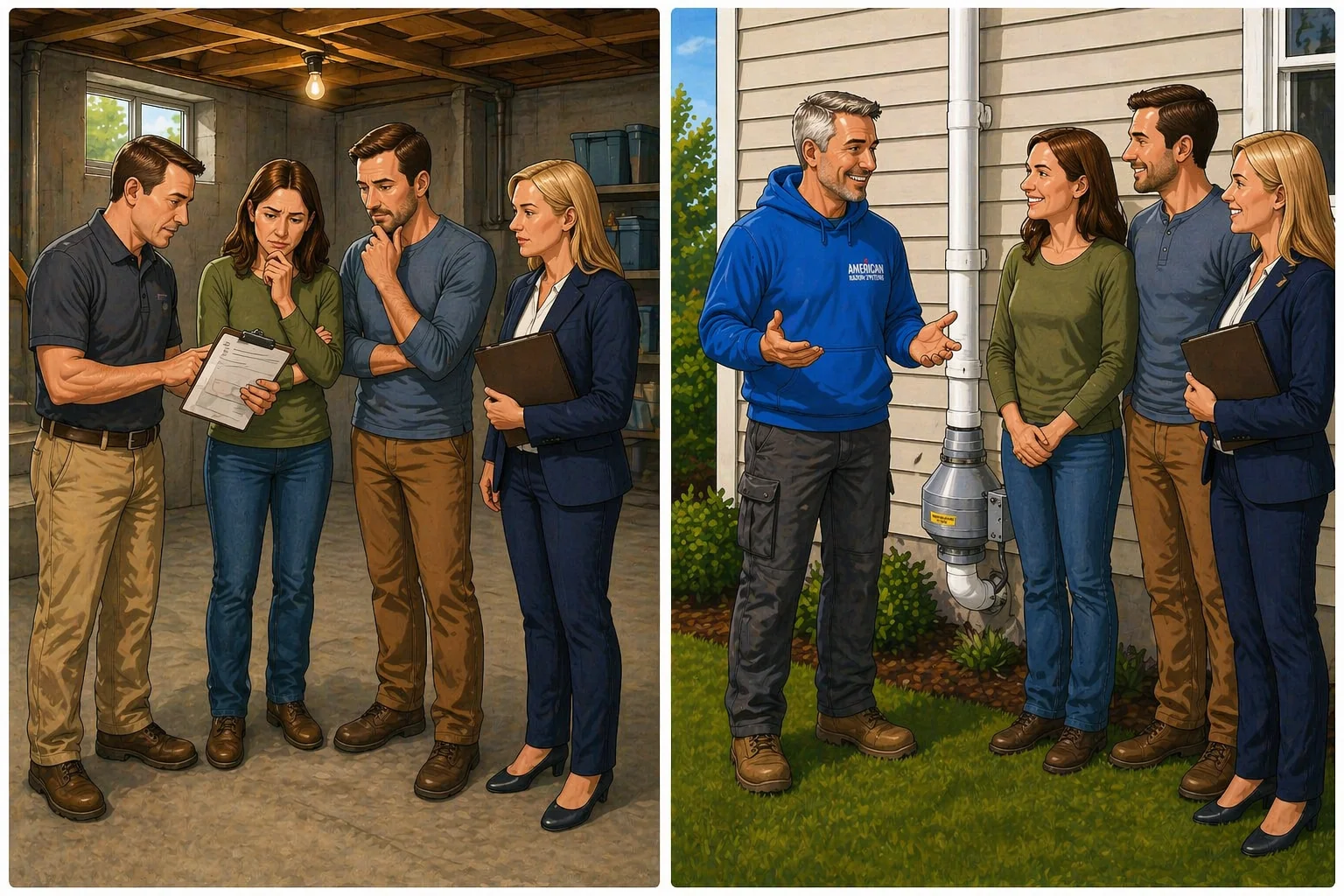Split illustration showing a radon issue during a home inspection and a radon professional explaining the solution outside the house